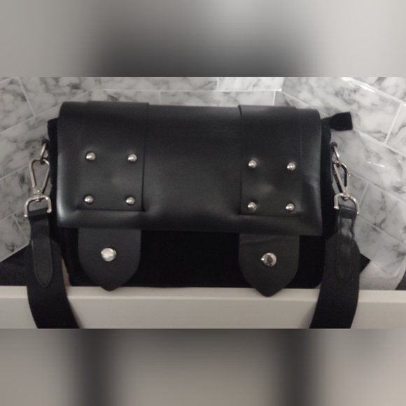 PRUNE . Black suede and bovine leather dotted snap front zipper prune purse. - Picture 1 of 15